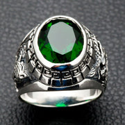Emerald Japanese Tiger Dragon Sterling Silver Mens Ring