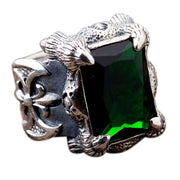 Green Emerald Dragon Claw Axe Sterling Silver Biker Ring